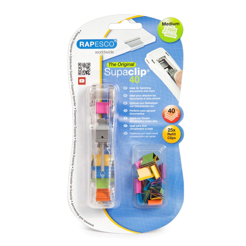 Rapesco Supaclip #40 Dispenser with 25 Multicoloured Refill Clips (RC4025MC) - Image 1